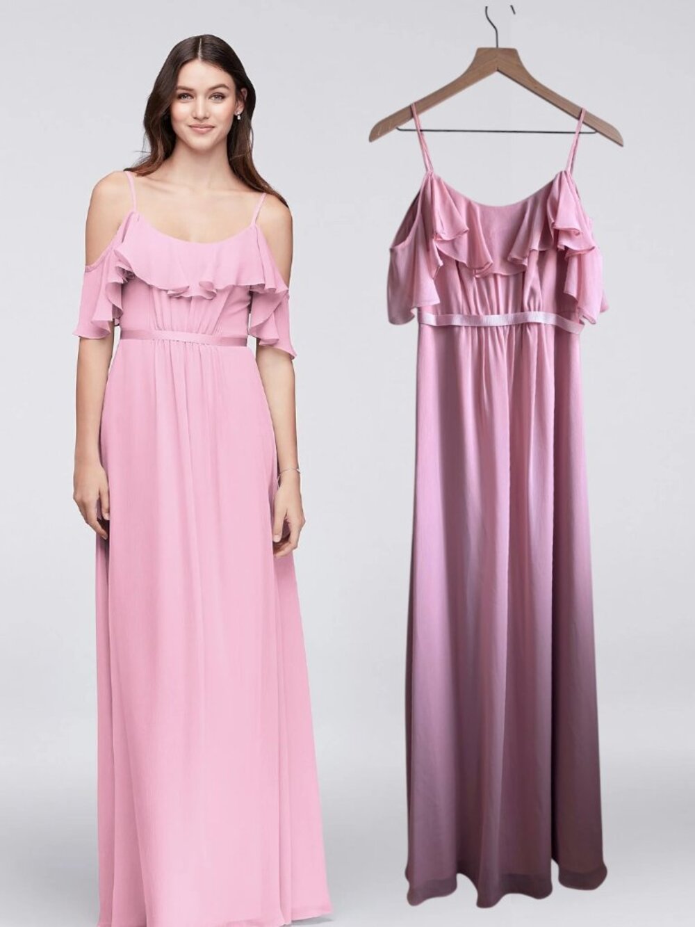 David's Bridal Cold Shoulder Flutter Sleeve Chiffon Long Bridesmaid Dress Pink 0